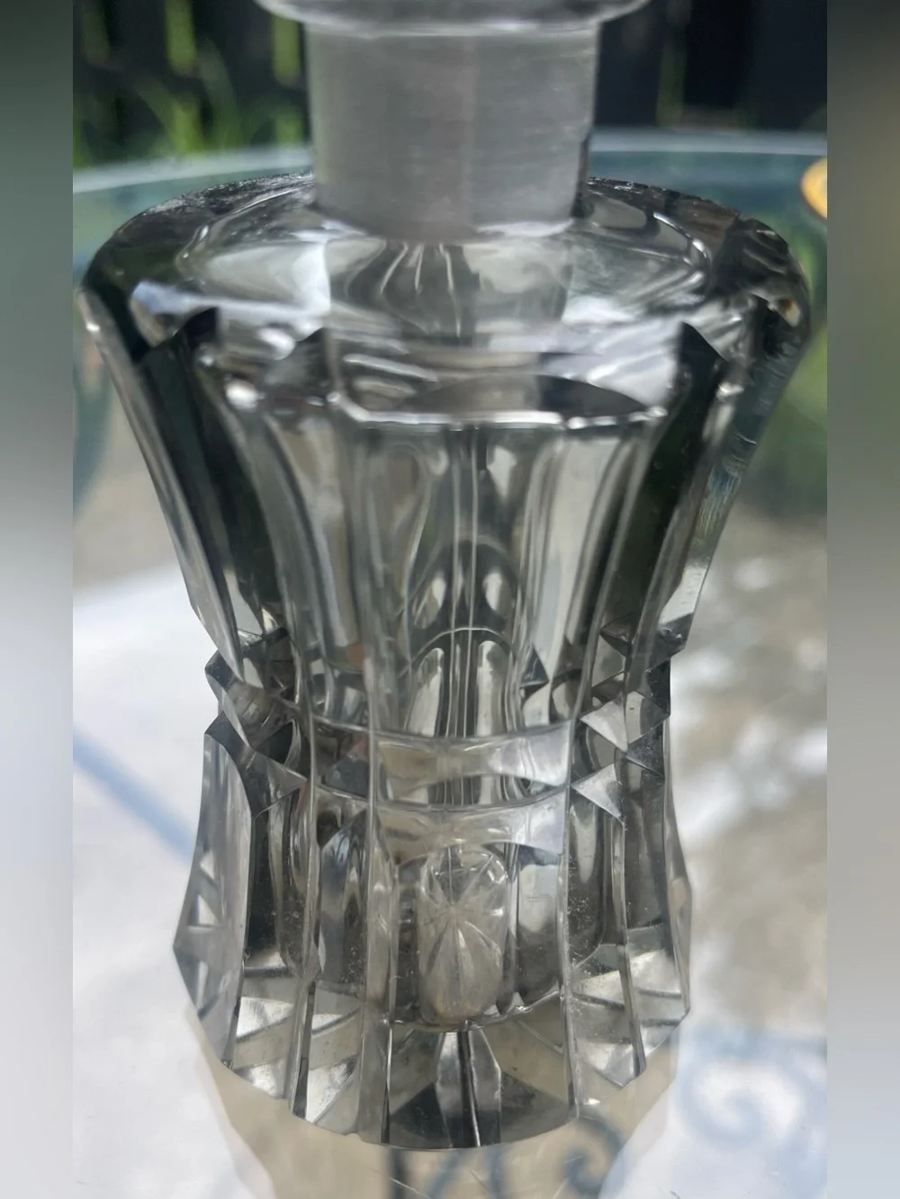 Vintage Smoky Gray Crystal Glass SmallDecanter with Faceted Stopper Purple Hue